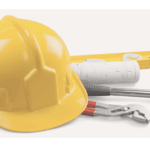 既設コンクリートの品質を非破壊検査で調査するイメージ。を安全帽や調査器具で表した。