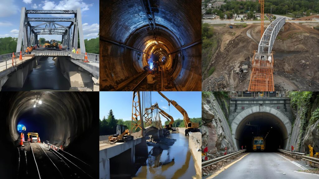 橋梁・トンネルの補修工事の写真を計6枚のせることで、インフラメンテナンスへの想いを表現した1枚