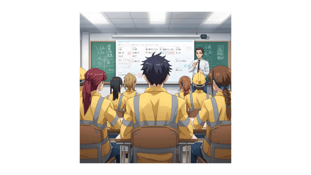 男女 多くの若手技術者が真剣に講師の授業に取り組んでいる姿で当所の技術研修・業務研修をイメージした1枚