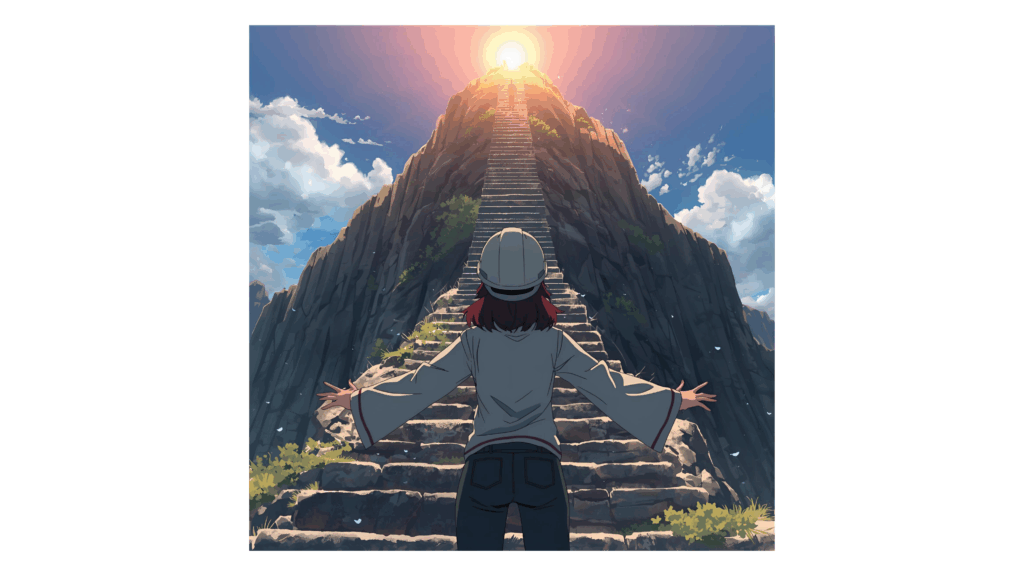 女性技術者が朝日に輝く山頂に続く階段を登る決意をしている様子により、研修で得た知識を実務実践の知恵として体得したことを表す1枚