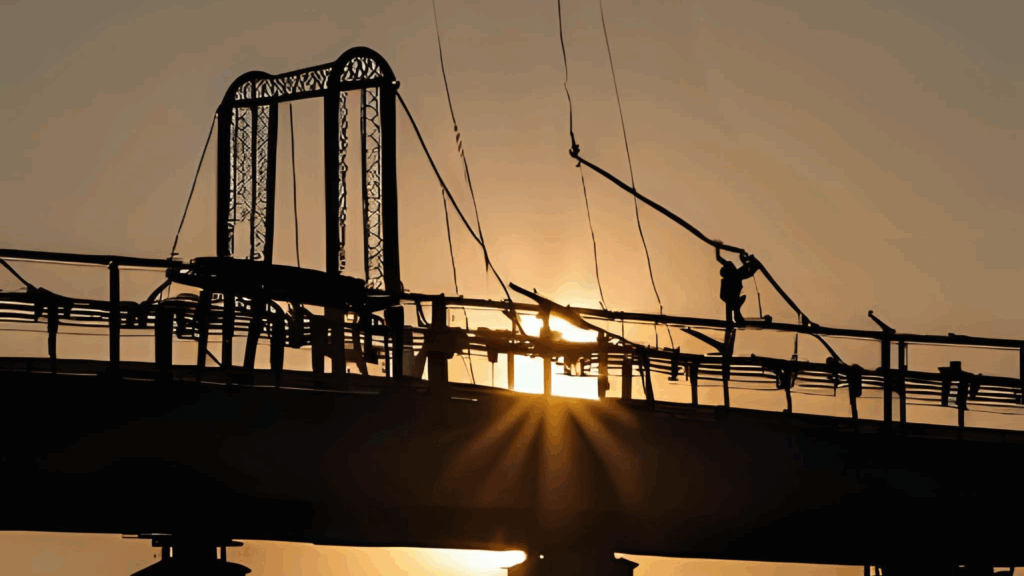 朝日に映える橋梁、補強工事により、蘇る姿を表現した1枚