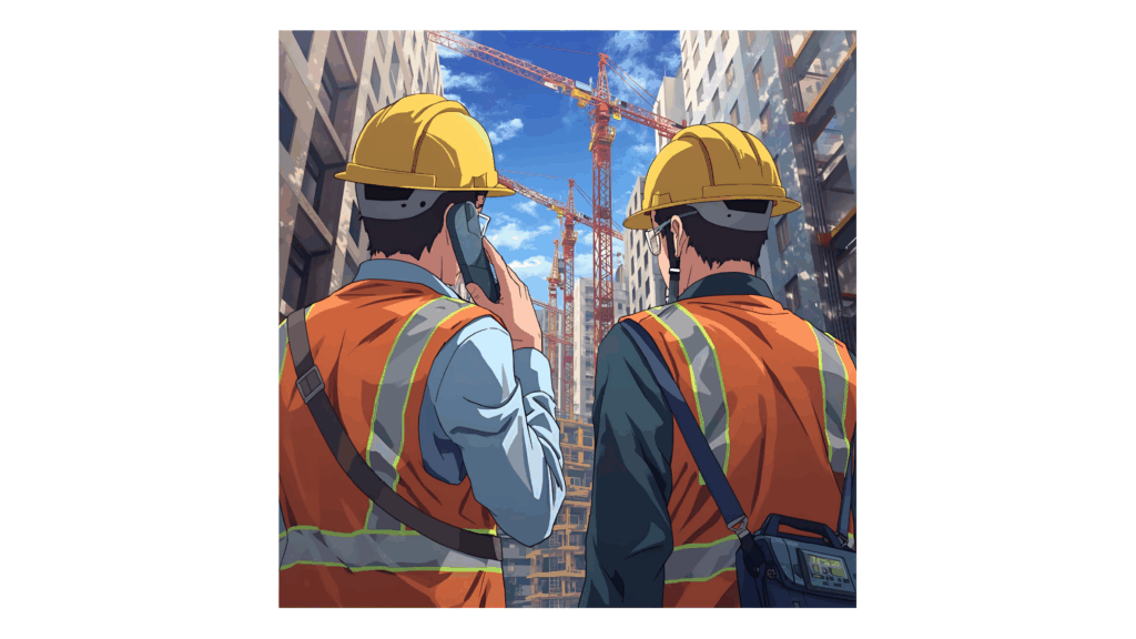 建設現場で2人の若手現場技術者が携帯電話で課題解決のヒントを得ている写真により、「駆け込み寺」としての実務相談窓口の機能を表した1枚