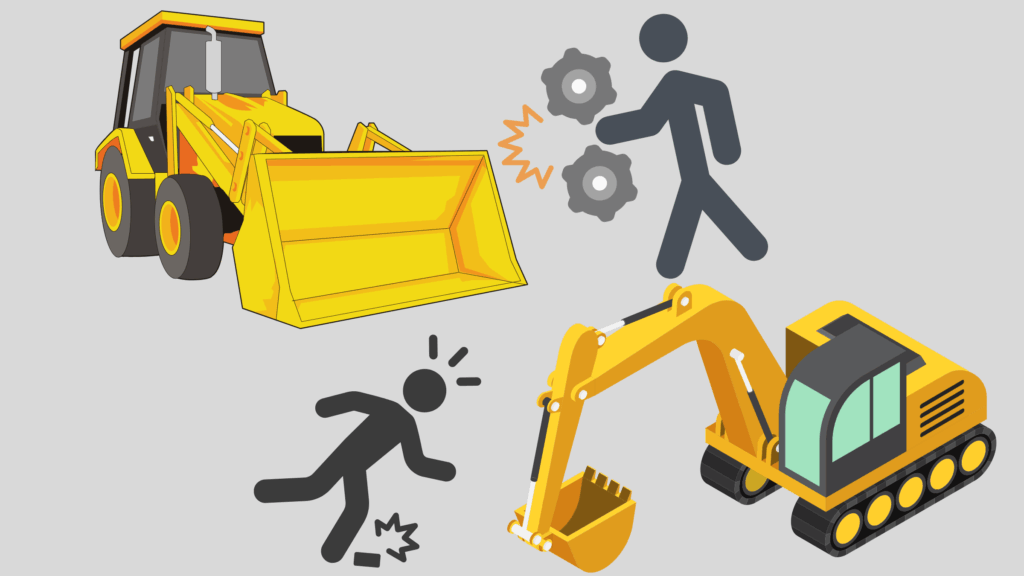 建設機械（ショベルとバックホウ）とヒトを配置して接触災害の様子を視覚的に表したイラスト