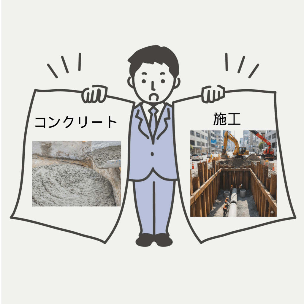 2分野を集中して学習のイメージを男性技術者が両手に図柄（コンクリートと施工）を持っているイラストで示した