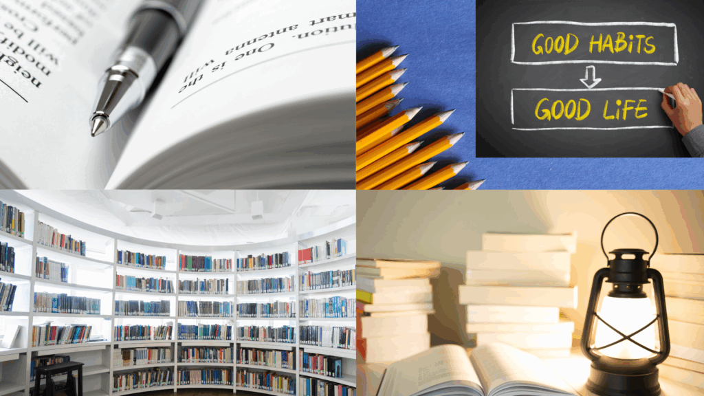 書棚・開かれた書籍・ペンの画像により、「資格取得は知識、実務実践は知恵」を表現した1枚