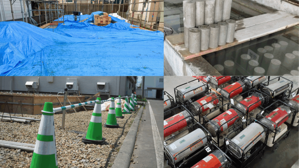 コンクリートの養生を立ち入り禁止・ジェットヒータ・覆い・供試体湿潤の各養生写真の配置により表現した