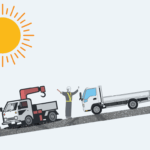 炎天下の伸縮装置補修のイメージを太陽と車両、作業員を配置して表した1枚
