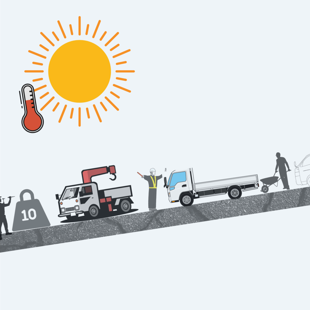 炎天下の伸縮装置補修のイメージを太陽と車両、作業員を配置して表した1枚