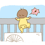 赤ちゃんがベランダの手摺から乗り出しているライストで低い手すりの危ない様子をイメージした