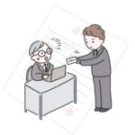 上司に退職願提出のイラストと背景に退職届により離職のイメージを表現した