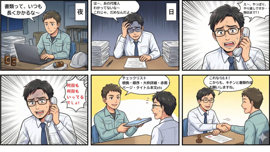 内容不備な書類で困る状態をBlogの本文の解決を行うことで解決する様子を6コマの漫画で表現した