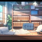 工事で提出する多くの書類を書棚と机上の書類とヘルメットで表現した