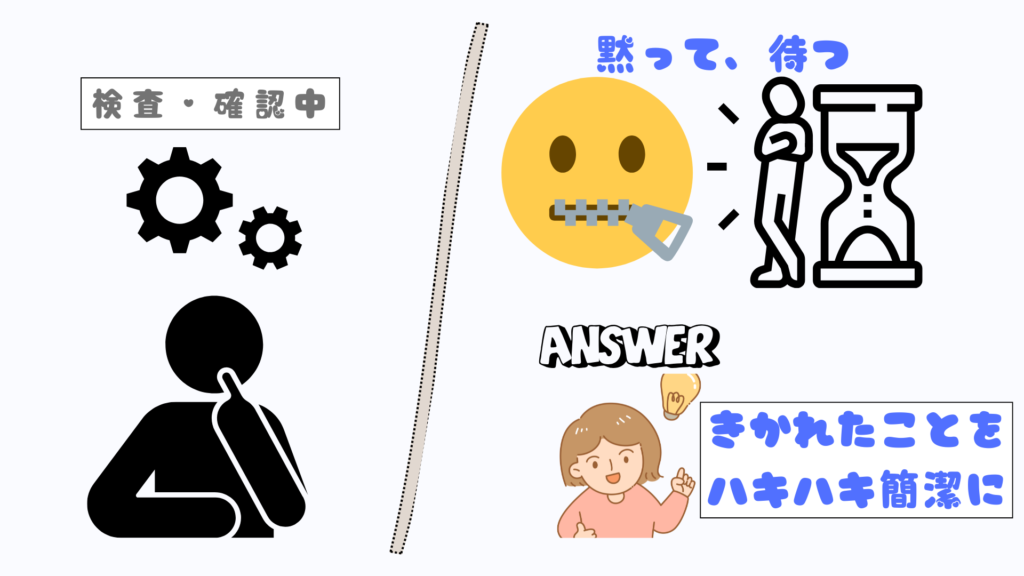 検査官を左に、右に受験者、黙って待つ、質問に応答しハキハキ応えるを表した1枚