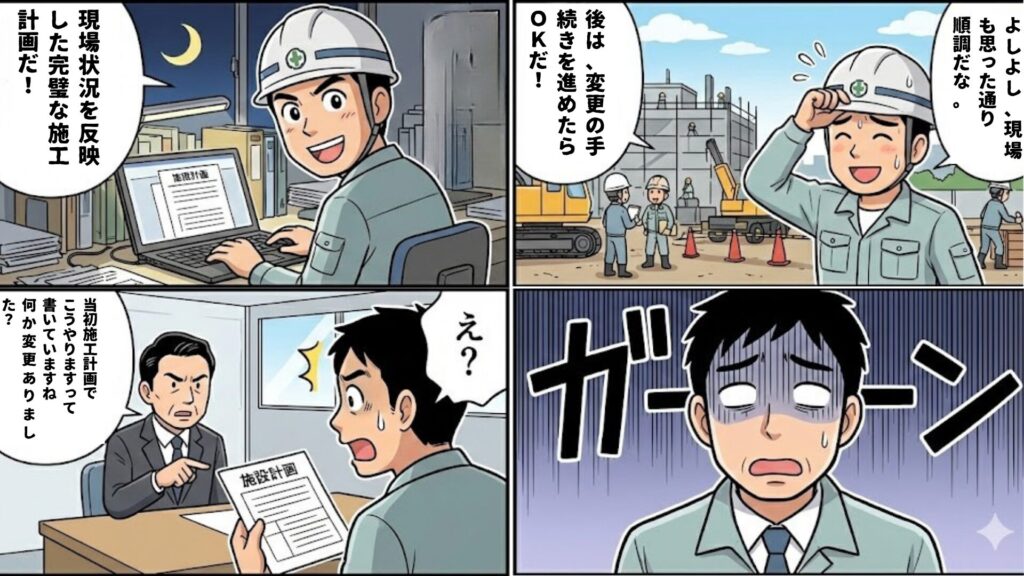 設計にない条件を当初施工計画に記載し完工しても手続き不備で変更とならない様子を4コマまんがで表現した