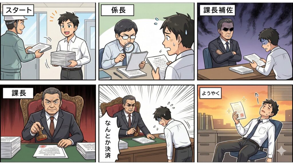 役所内での文書決済の様子を各段階毎(係長→課長まで)に4コママンガで表現した