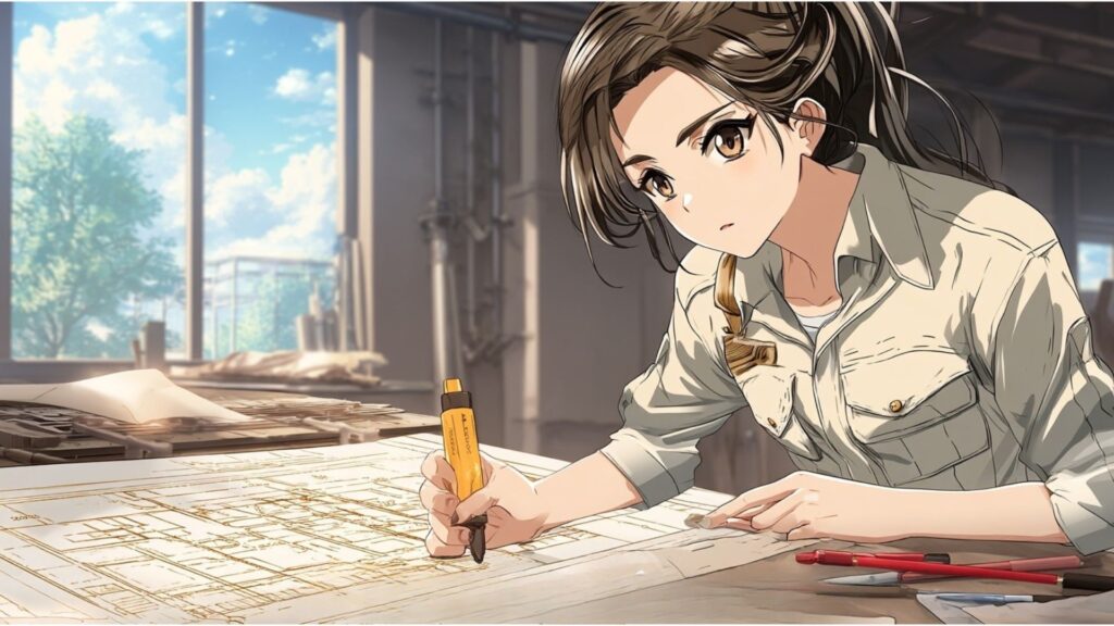 設計照査の証としての赤黃チェックの価値を、女性技術者の作業風景で表現した