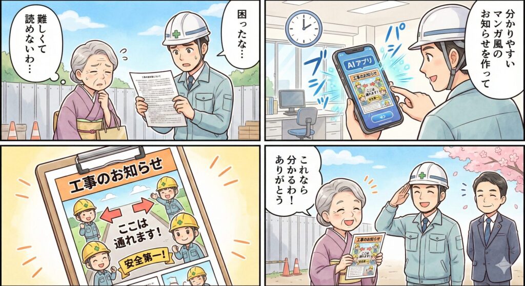 文書のみ資料からマンガイラストの変更による地域住民の受け方の違いを4コママンガで示した