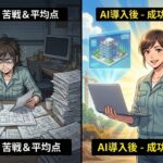 AI導入前を左に(大量の書類と悪戦苦闘)と導入後(PCとスマホ)の省力理解力アップを対比し、導入効果を視覚化した1枚