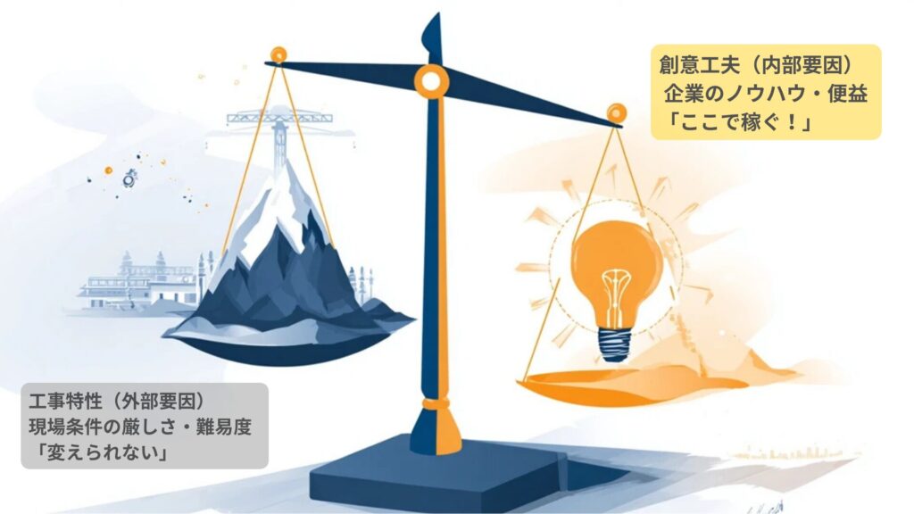 工事特性は外部要因(与条件)と創意工夫(内部条件)の違いを天秤で示した一枚