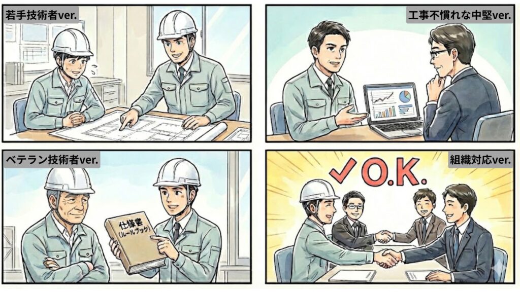 監督員の各タイプ（若手ベテラン不慣れ組織対応）の4種類を4コマのイラストでわかりやすく表現した