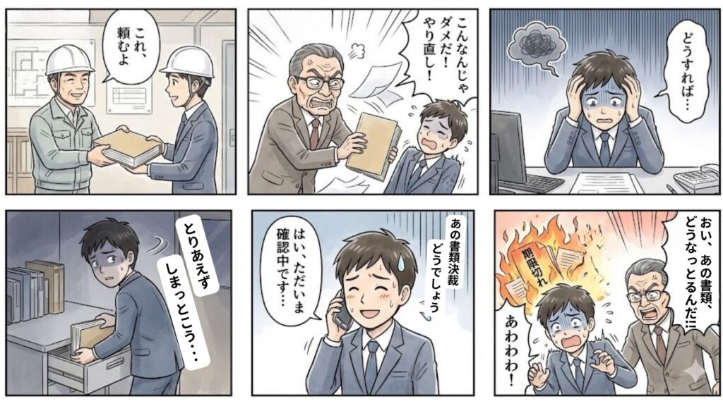 担当監督が書類を塩漬けにし、上司から催促されていく過程を6コママンガでわかり易く表現した