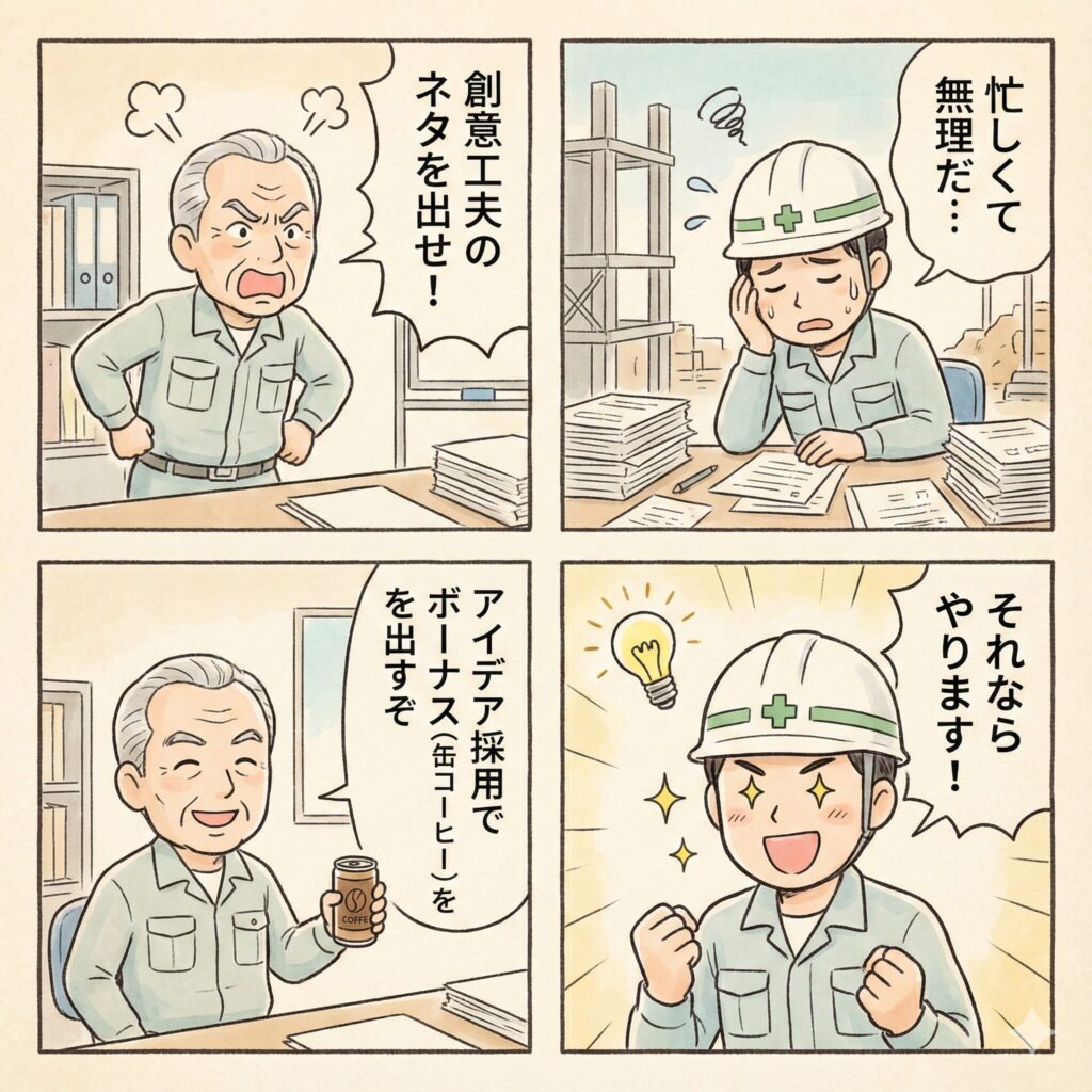 創意工夫のネタを見つけるのは精神論や社員のヤル気ではなく、仕組みとして構築することが重要であることを4コマのマンガで表した1枚
