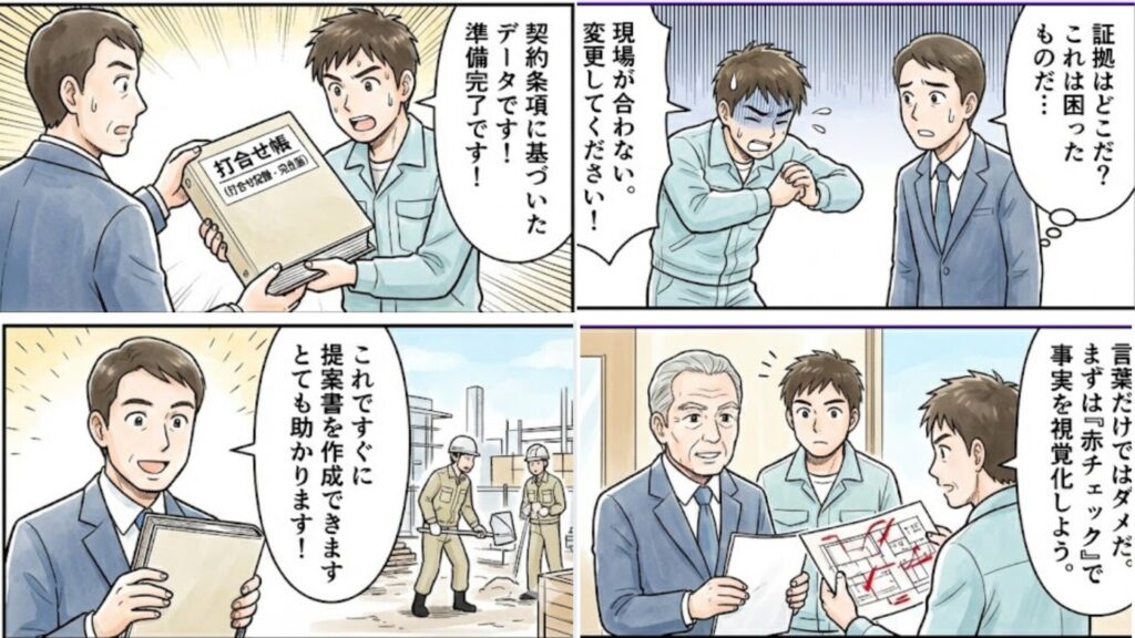 設計変更の手順（発見・確認・協議・合意承諾）を4コママンガで表した1枚