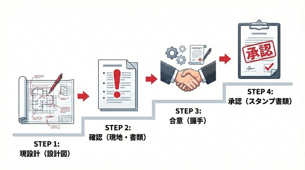 設計変更の手順（設計→確認→合意→承認）をステップ図とイラストで示した1枚