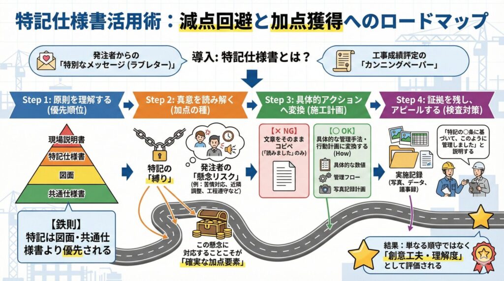 特記仕様書の活用ステップをインフォグラフィックの形式で図解した1枚