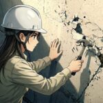 断面修復工の着手時詳細点検の様子を女性技術者が入念にテストハンマーで調査している姿で表した1枚