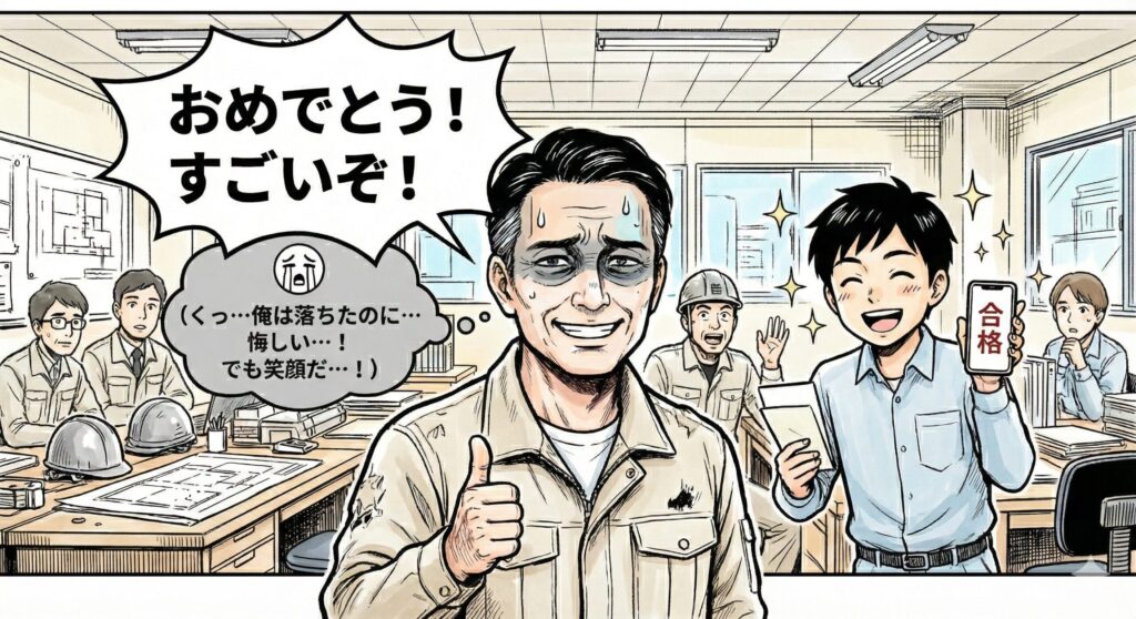 自分は難関資格に落ちたが、部下は1級土木に受かり、合格を称える様子ををコミカルに表現した1枚