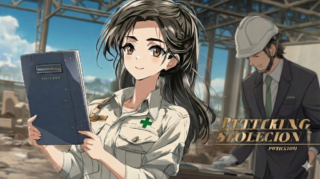 シナリオが完全で論旨に矛盾や不備のない変更資料作成の必要性を女性キャラと資料、発注者を配して表現した