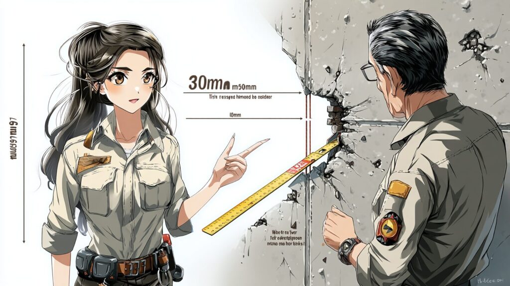 塩害による断面修復工の施工深さの設定を女性技術者が試験斫りによる現地説明を行っていることで表した1枚