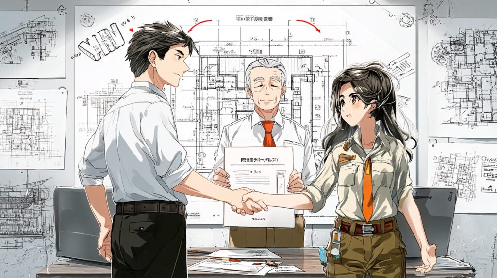 断面修復工の変更検討及び決裁を得た様子を2人の建設技術者が握手、それを見守る50代ベテラン技術者で表現した