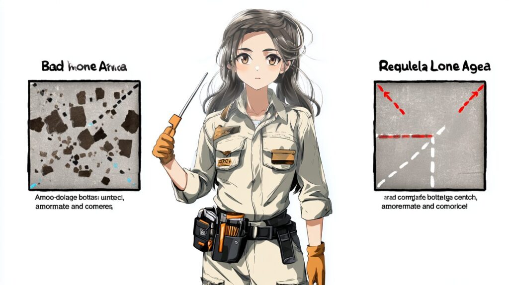 アメーバ状に劣化が現れた塩害による断面修復の一括的な施工を女性技術者と模式図で示した1枚