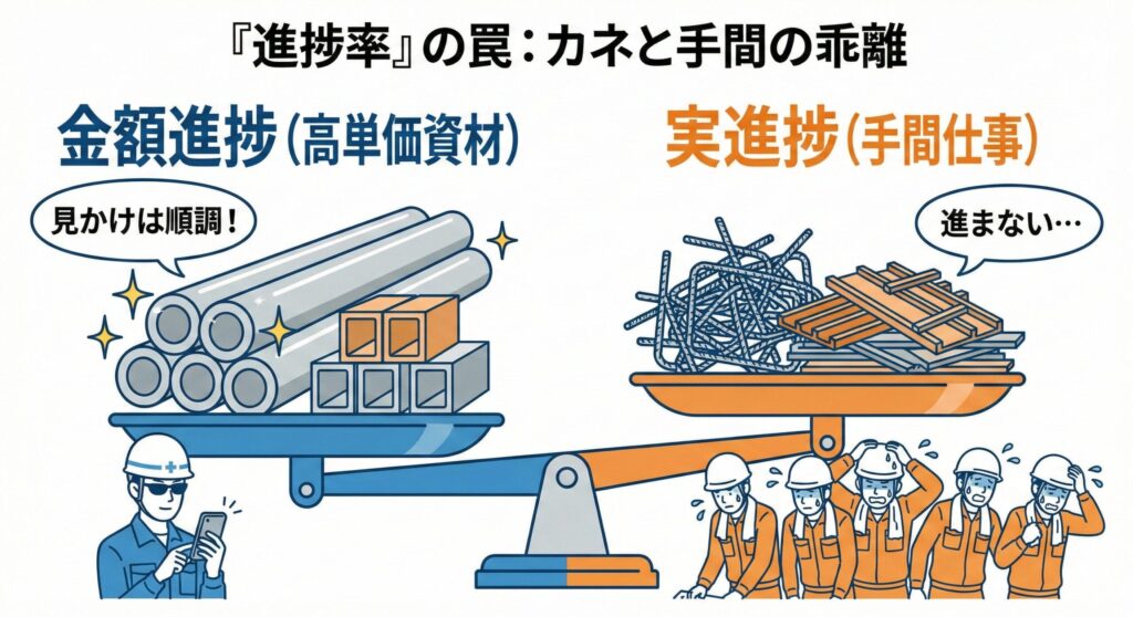 金額ベースと手間ベースの進捗率の違いについて説明した1枚