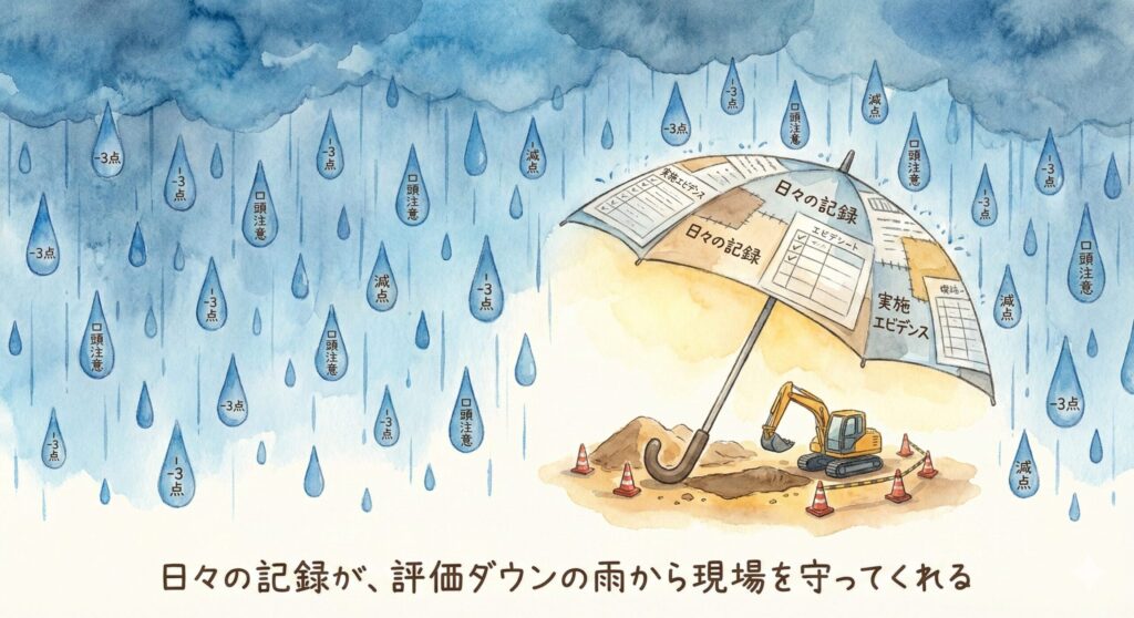 工事成績評定の安全管理項目について口頭注意（-3点）や文書注意を日々の記録やエビデンスが守る様子を傘と工事現場で表した1枚
