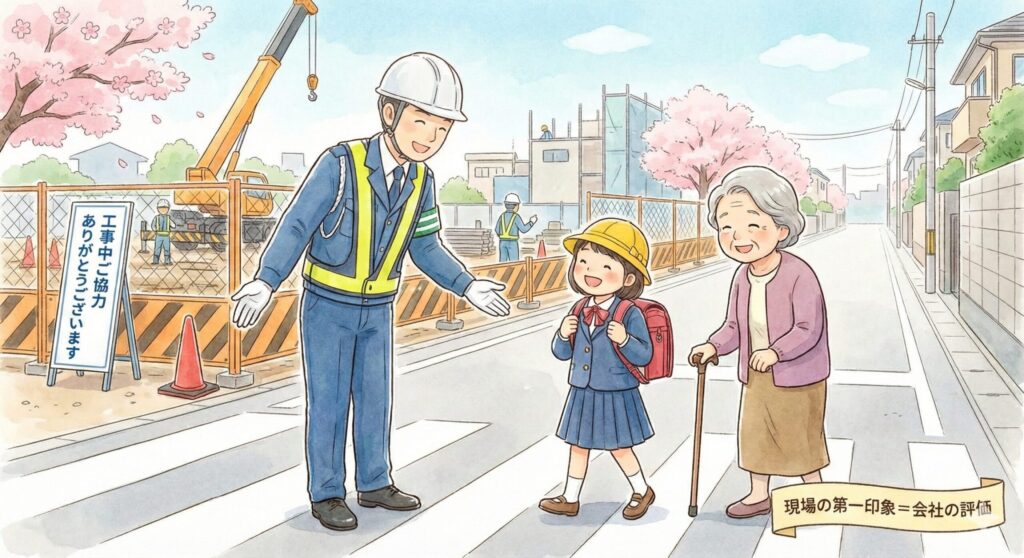 ガードマンが歩行者をやさしく誘導している状況をしめしたイラスト