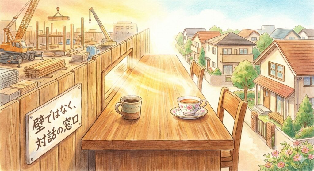 工事と地元対応を視覚的にイメージできるように工事現場とコーヒーカップ、紅茶カップで示した1枚