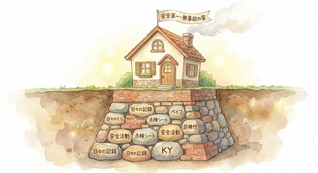 家屋とその土台のイラストで工事成績評定の安全管理分野の得点は日々の積み重ねこそが重要とイメージした1枚