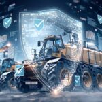 工事成績評定での安全管理の重要性を重機とそれを守る透明の盾で表した1枚